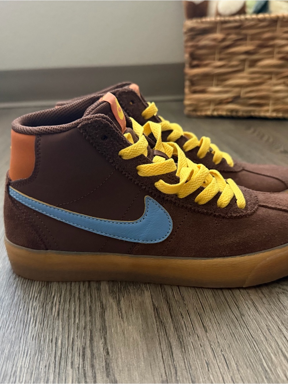 Nike Brown Suede High-Top Sneakers with Blue Swoosh and Yellow Laces
